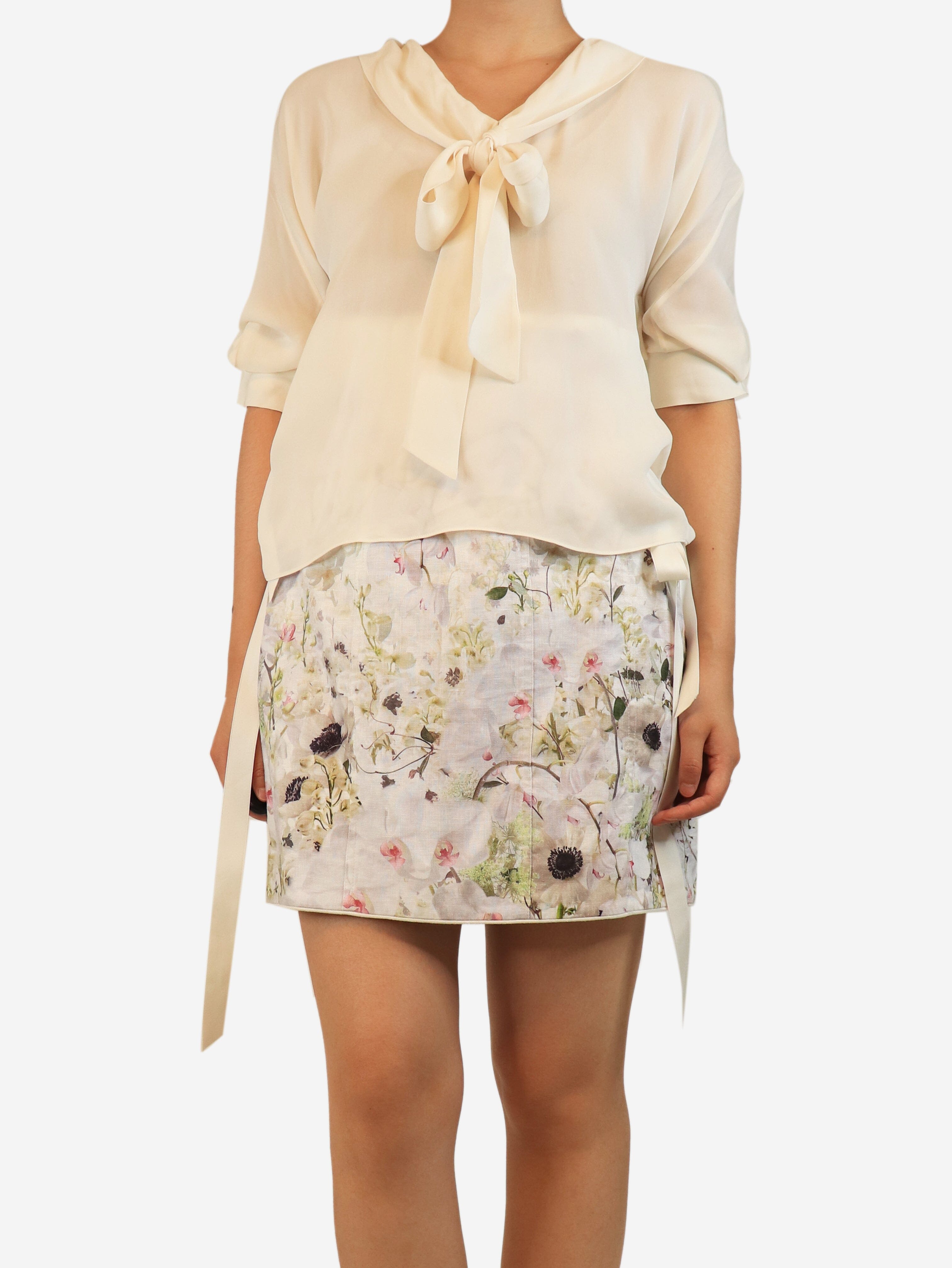 Cream neck-tie blouse - size UK 10