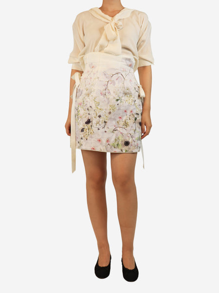 Multicolour floral printed linen mini skirt - size UK 12 alternate image