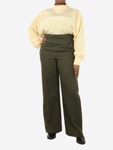 Sezane Green flap-front wide-leg trousers - size UK 14