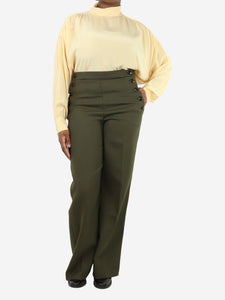 Sezane Green flap-front wide-leg trousers - size UK 14