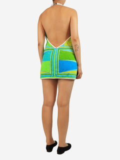 Green cotton terry halter neck mini dress - size UK 10