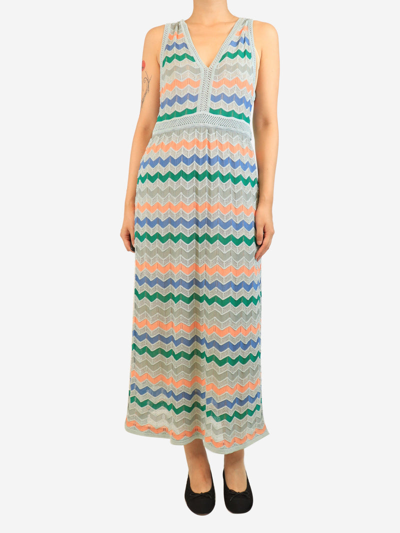 Blue v-neck lurex zig zag midi dress - size UK 10