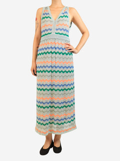 Blue v-neck lurex zig zag midi dress - size UK 10