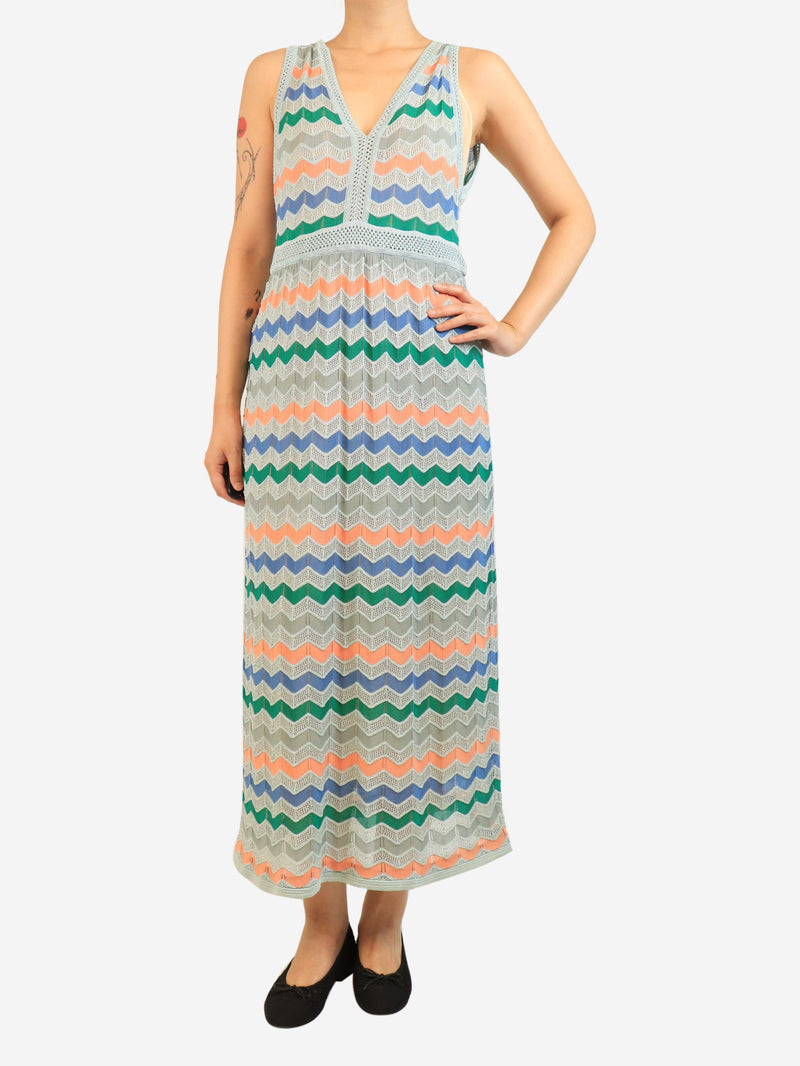 Blue v-neck lurex zig zag midi dress - size UK 10