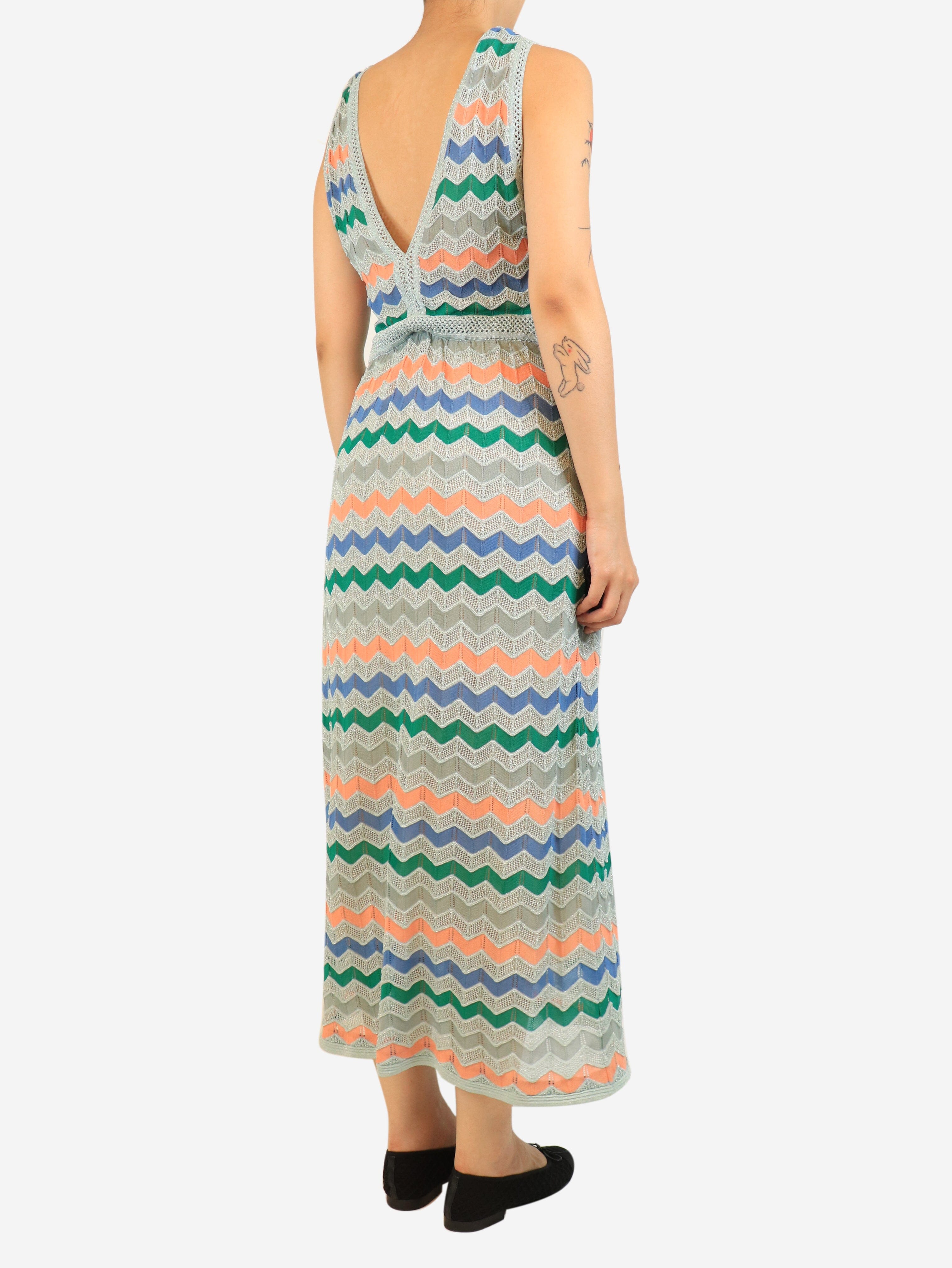 Blue v-neck lurex zig zag midi dress - size UK 10