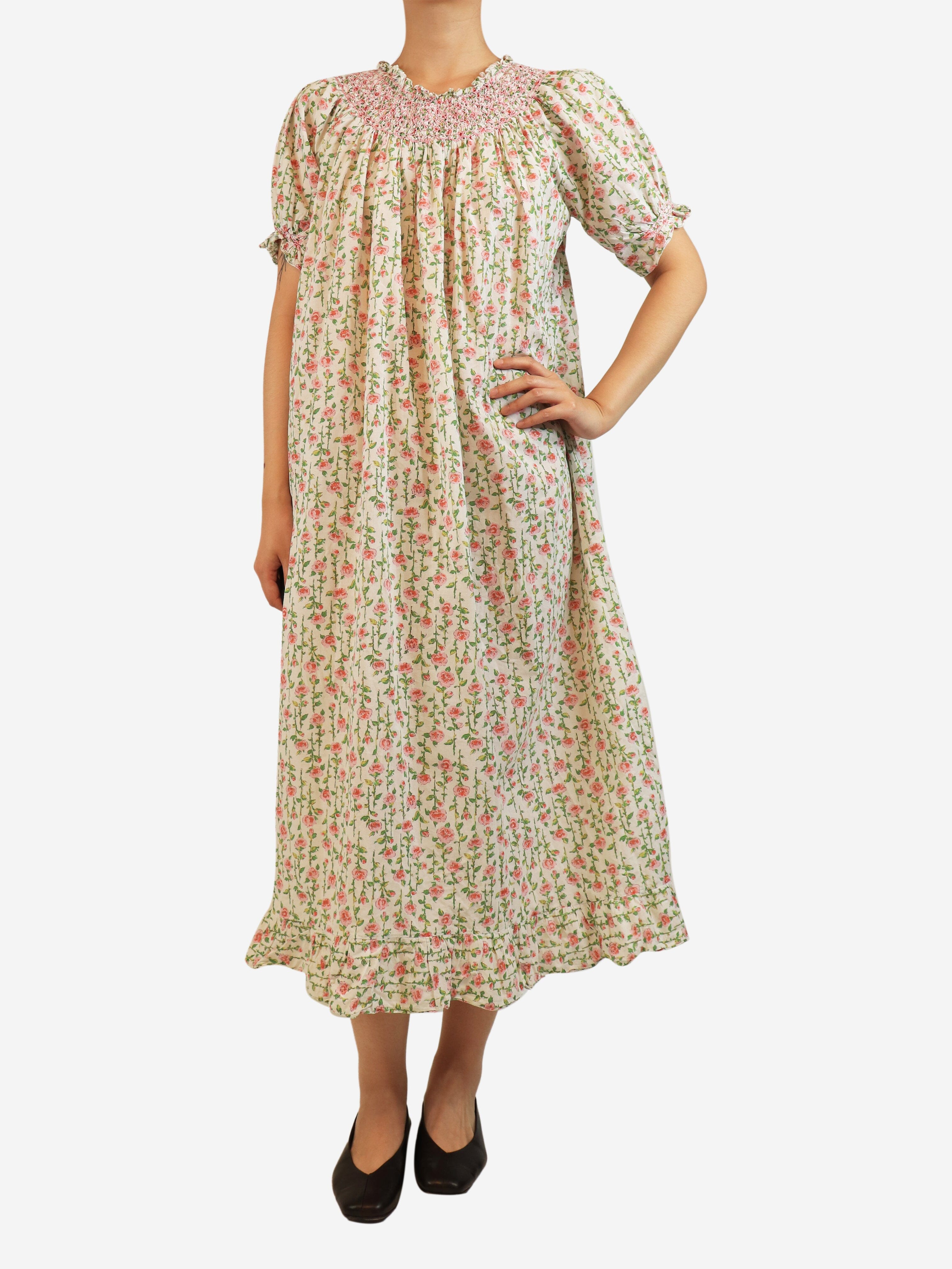 White and pink cotton floral-print midi dress - size M