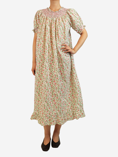 White and pink cotton floral-print midi dress - size M product image