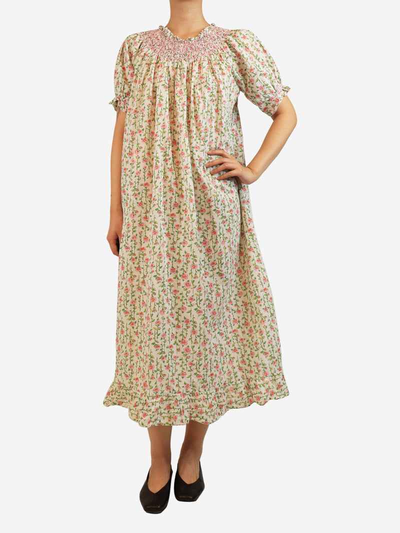 White and pink cotton floral-print midi dress - size M