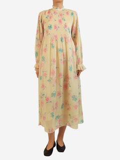 Cream floral printed plisse midi dress - size UK 8