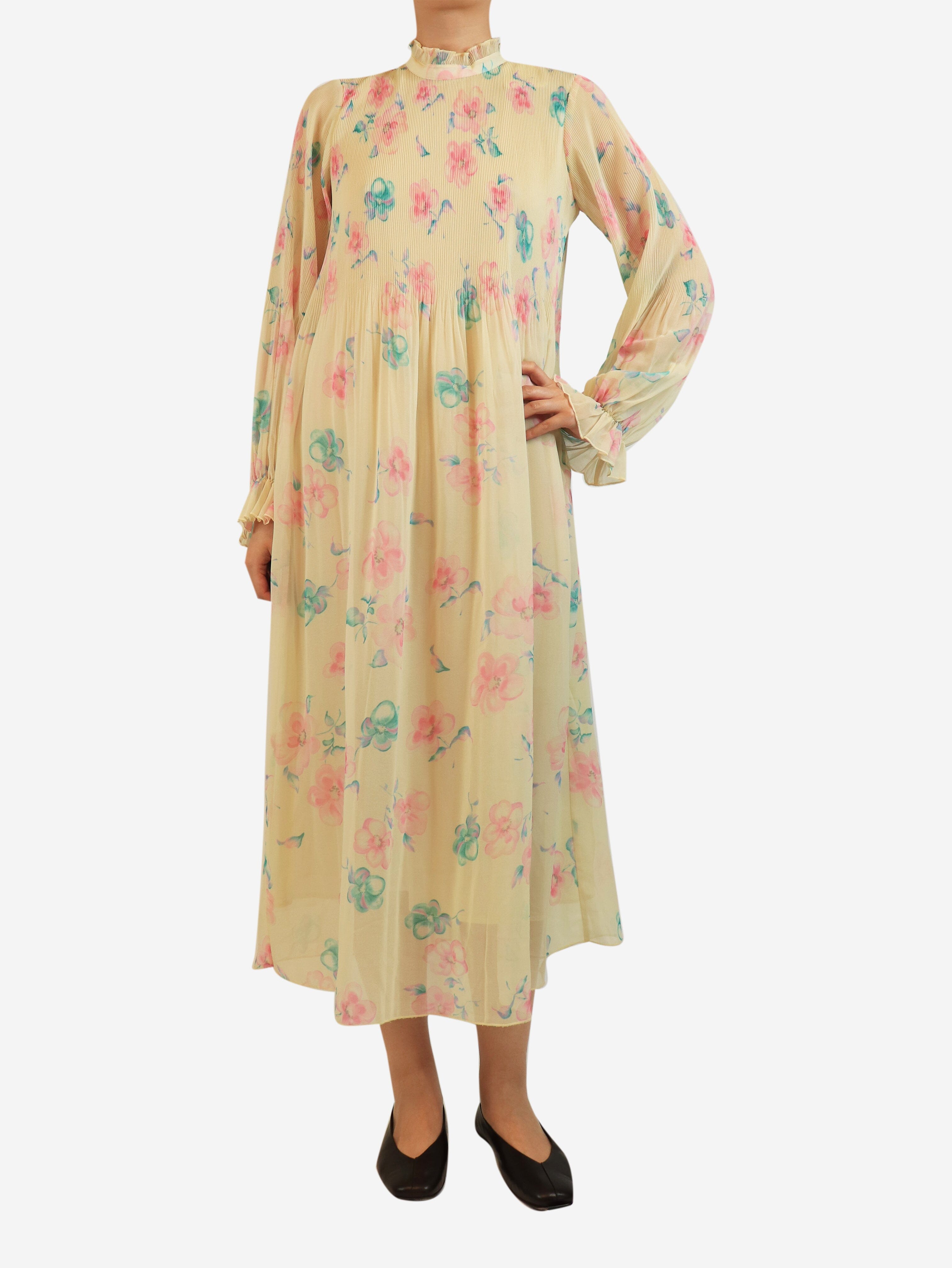 Cream floral printed plisse midi dress - size UK 8 Dresses Ganni 
