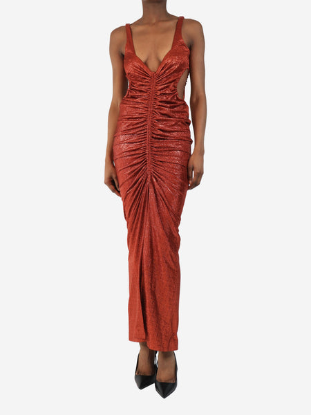 Burnt orange sparkly ruched dress - size UK 10 product image