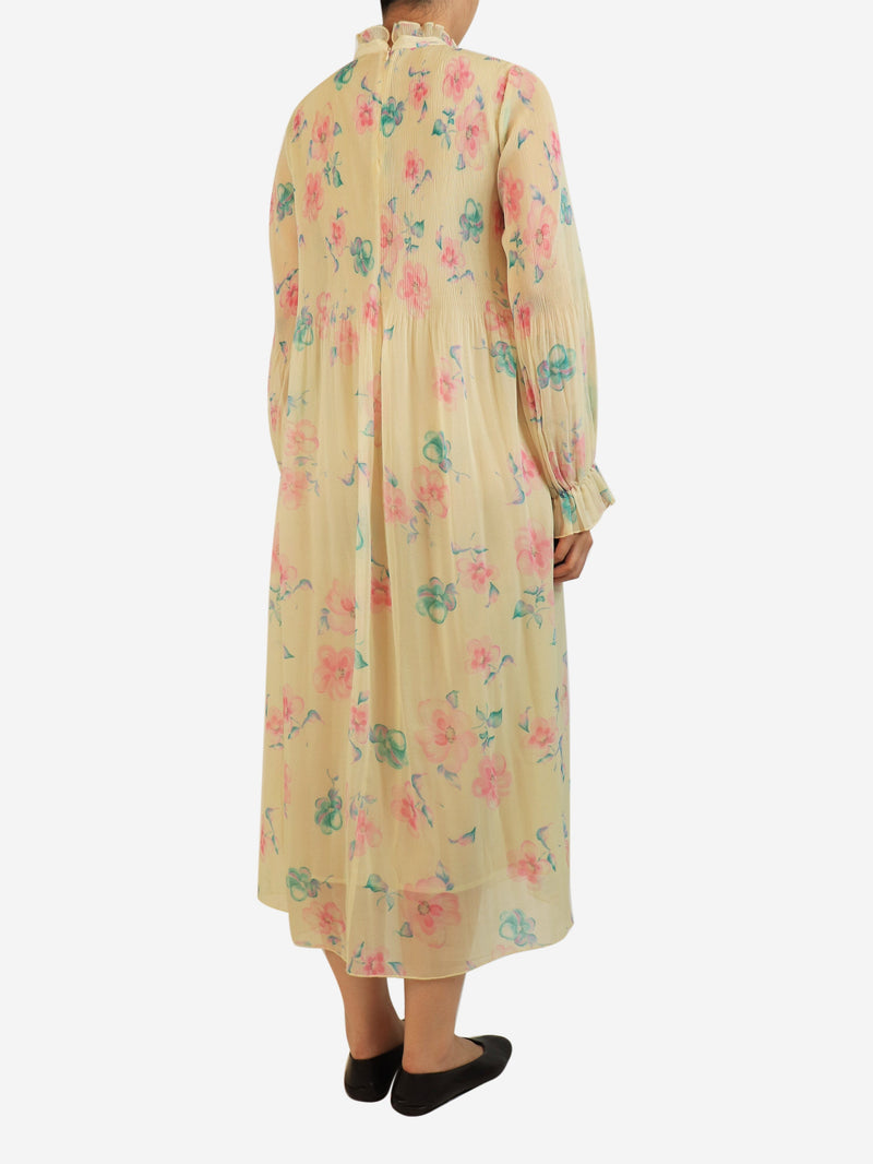 Cream floral printed plisse midi dress - size UK 8