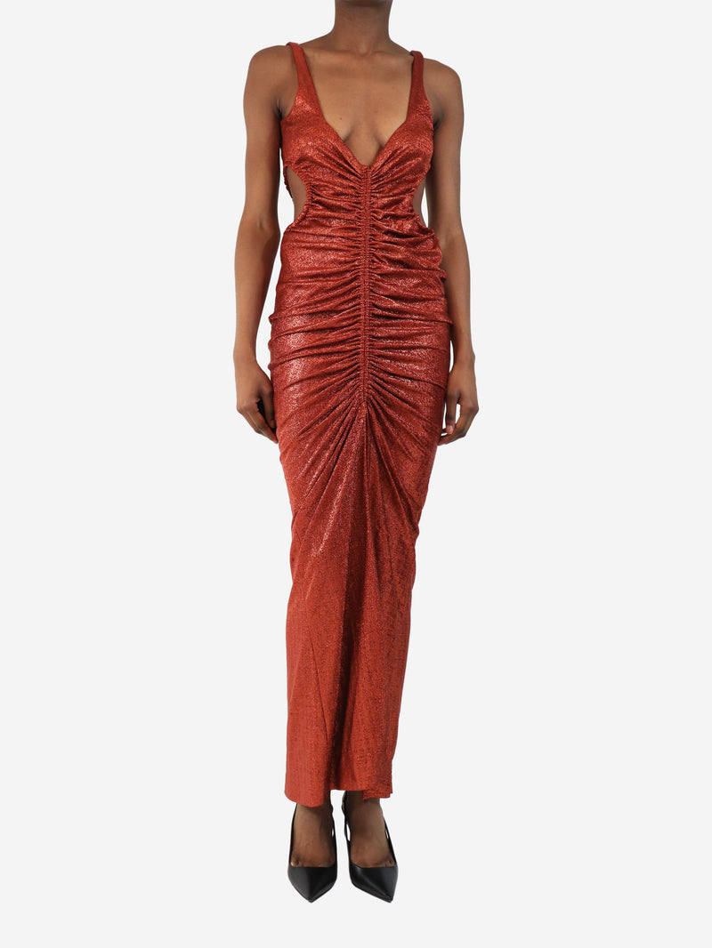 Burnt orange sparkly ruched dress - size UK 10 Dresses Galvan 