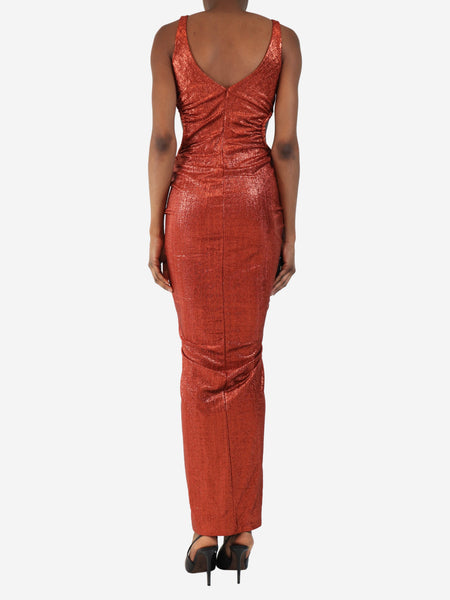Burnt orange sparkly ruched dress - size UK 10 alternate image