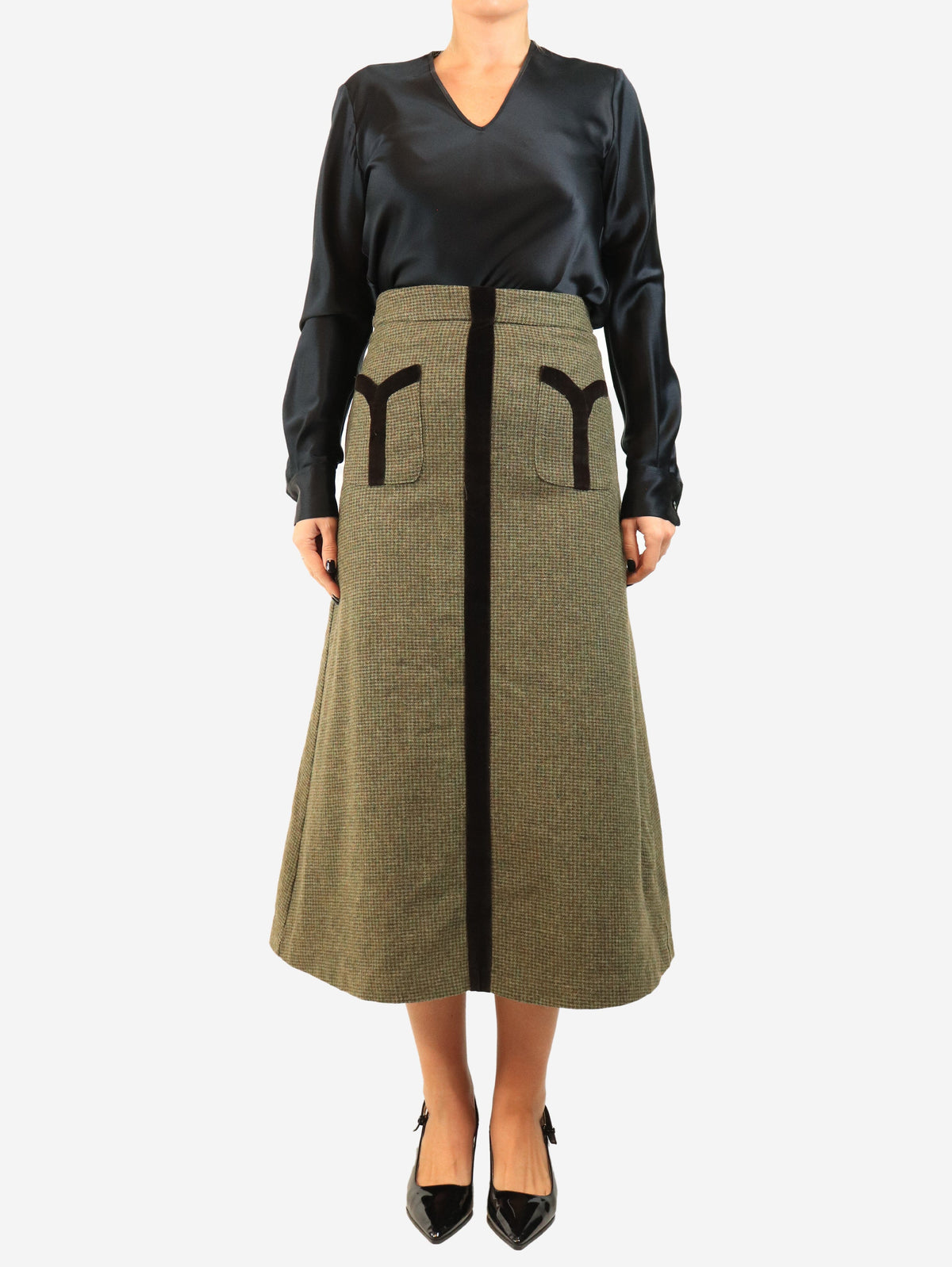 Brown and green velvet panel Dogtooth skirt - size L Skirts Byron 