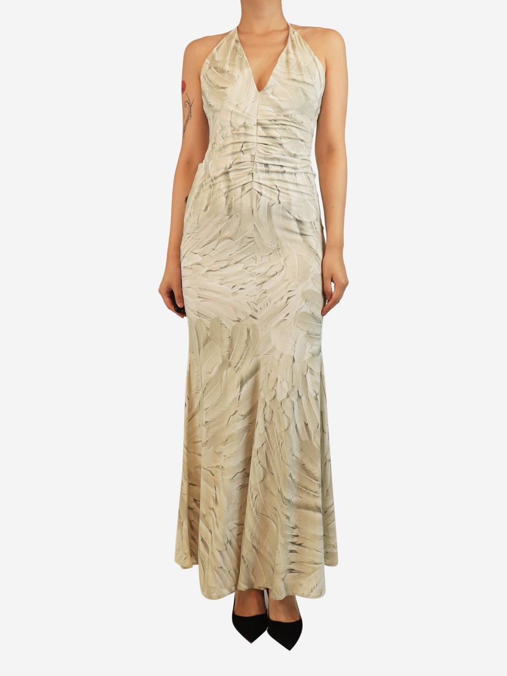 Neutral feather-print halterneck dress - size UK 10 Dresses Roberto Cavalli 