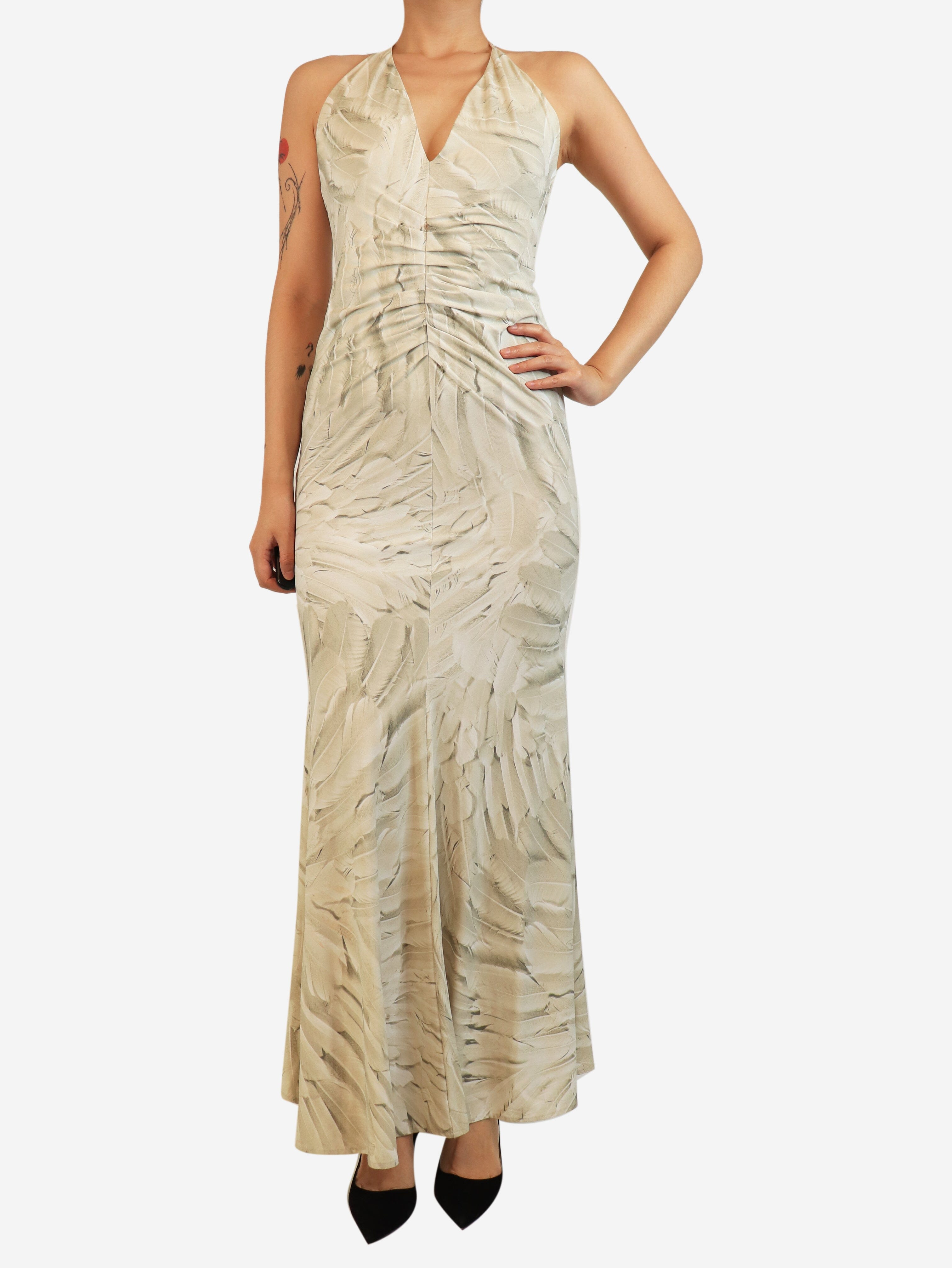 Neutral feather-print halterneck dress - size UK 10 Dresses Roberto Cavalli 
