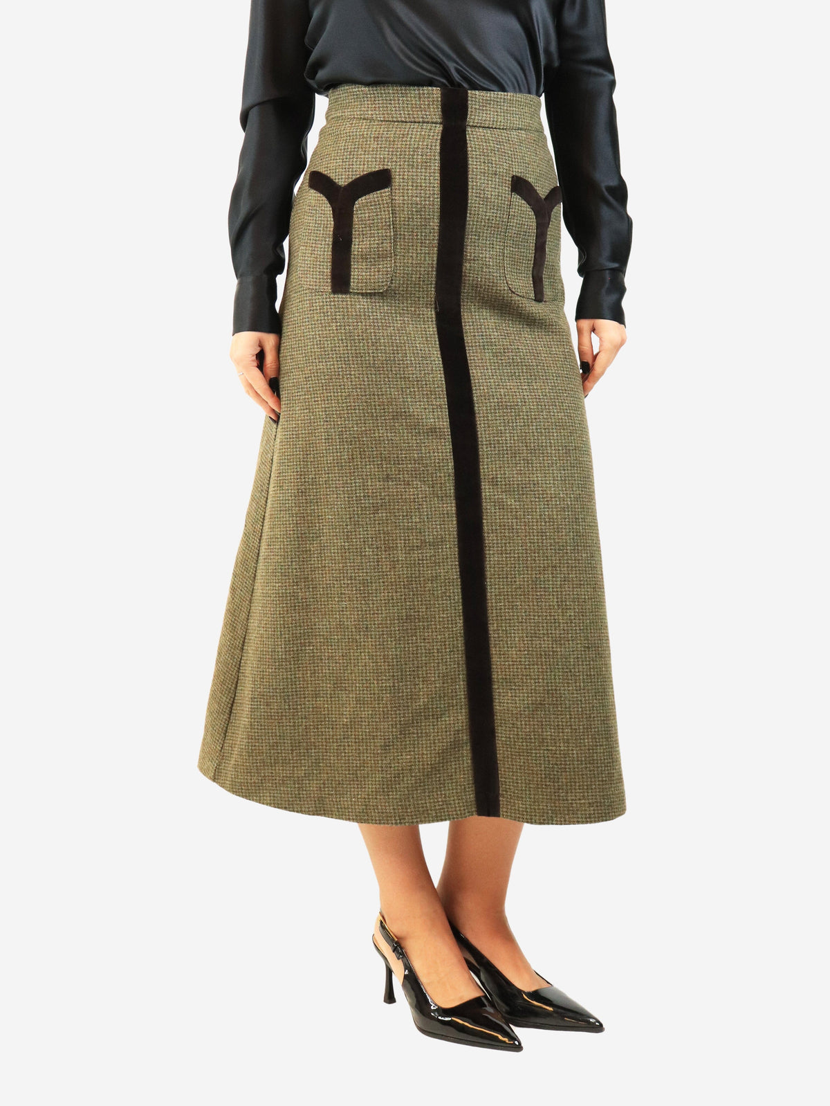 Brown and green velvet panel Dogtooth skirt - size L Skirts Byron 