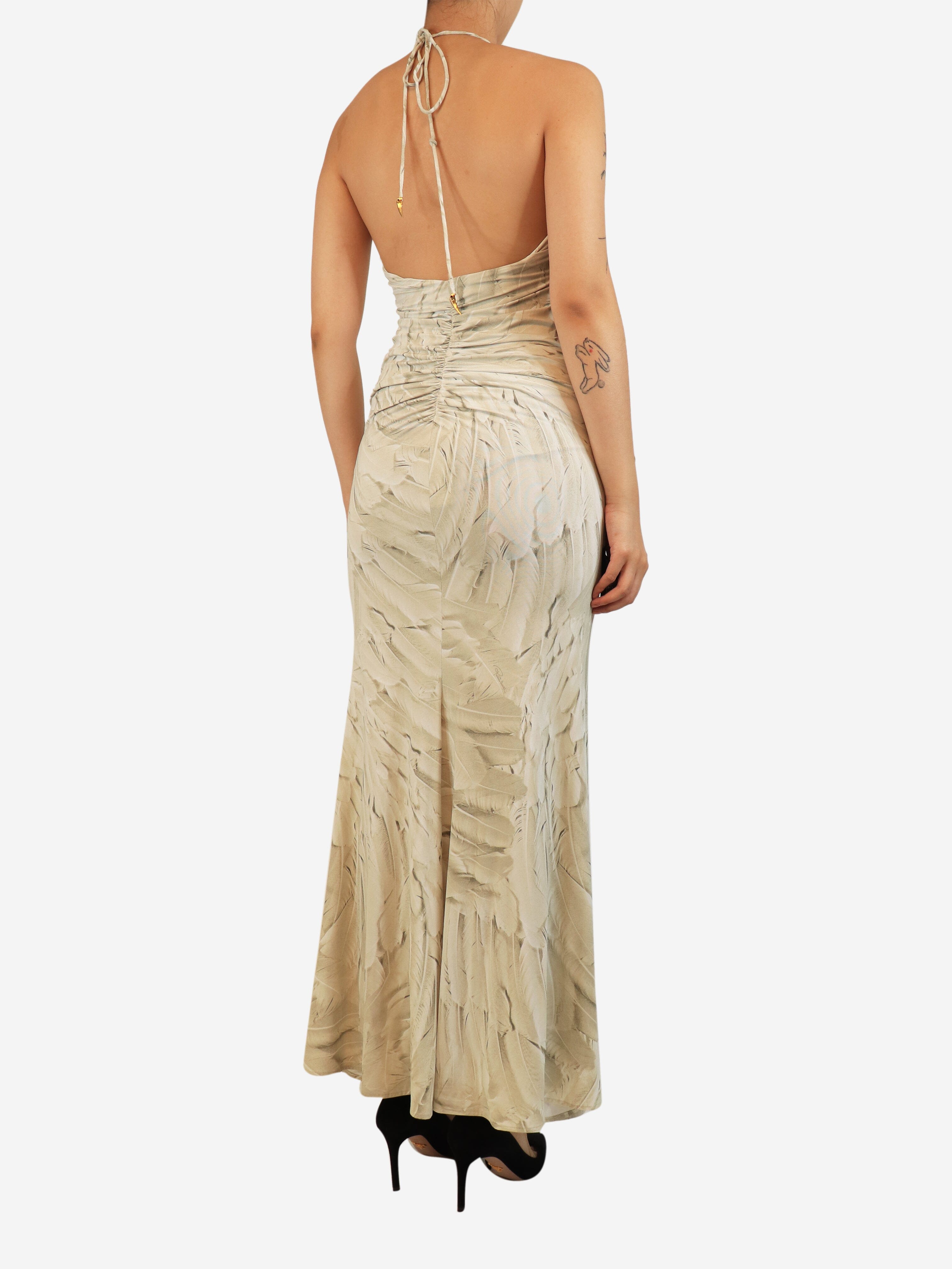 Neutral feather-print halterneck dress - size UK 10 Dresses Roberto Cavalli 