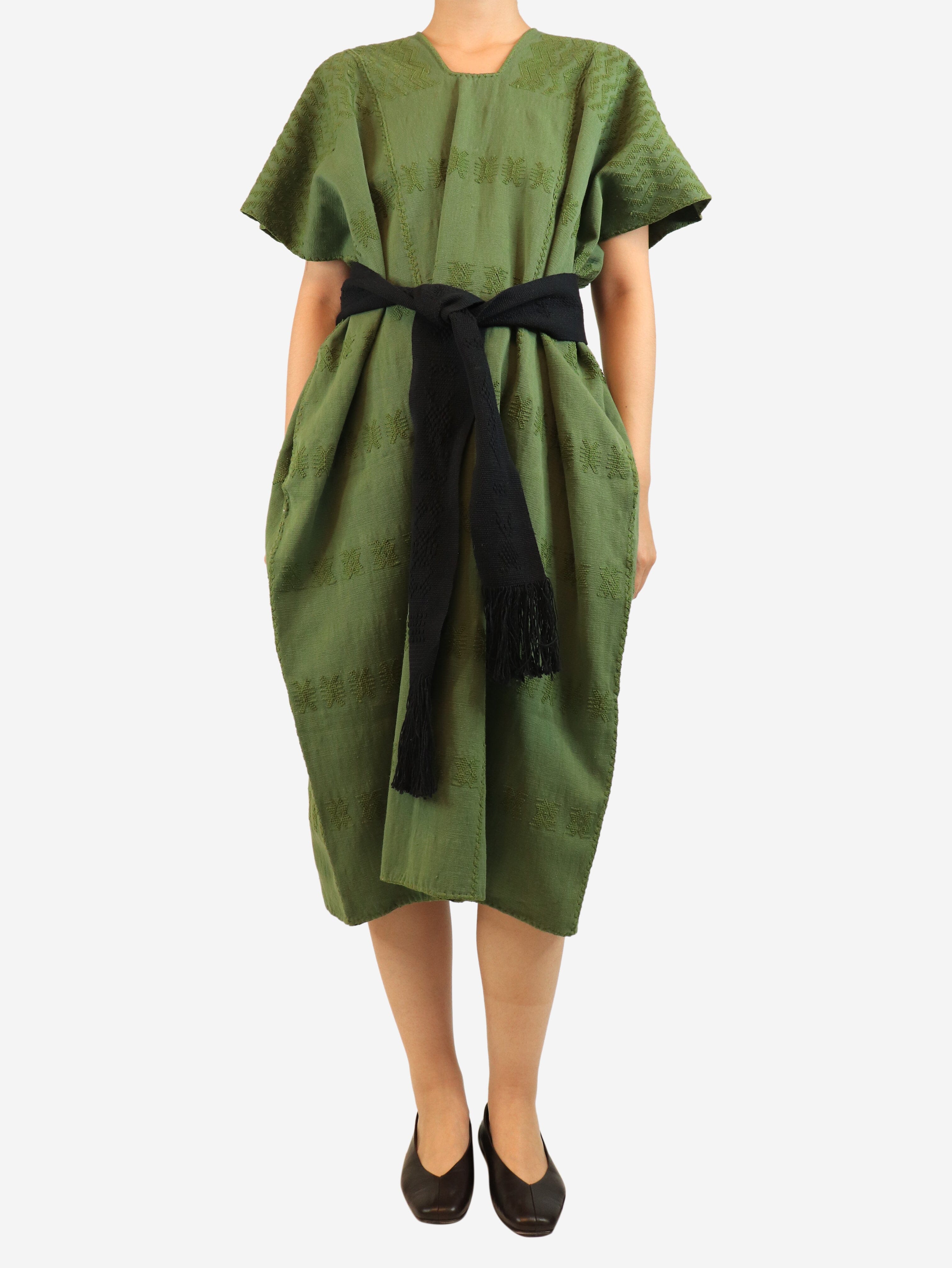 Green embroidered kaftan with belt - One size Dresses Pippa Holt 