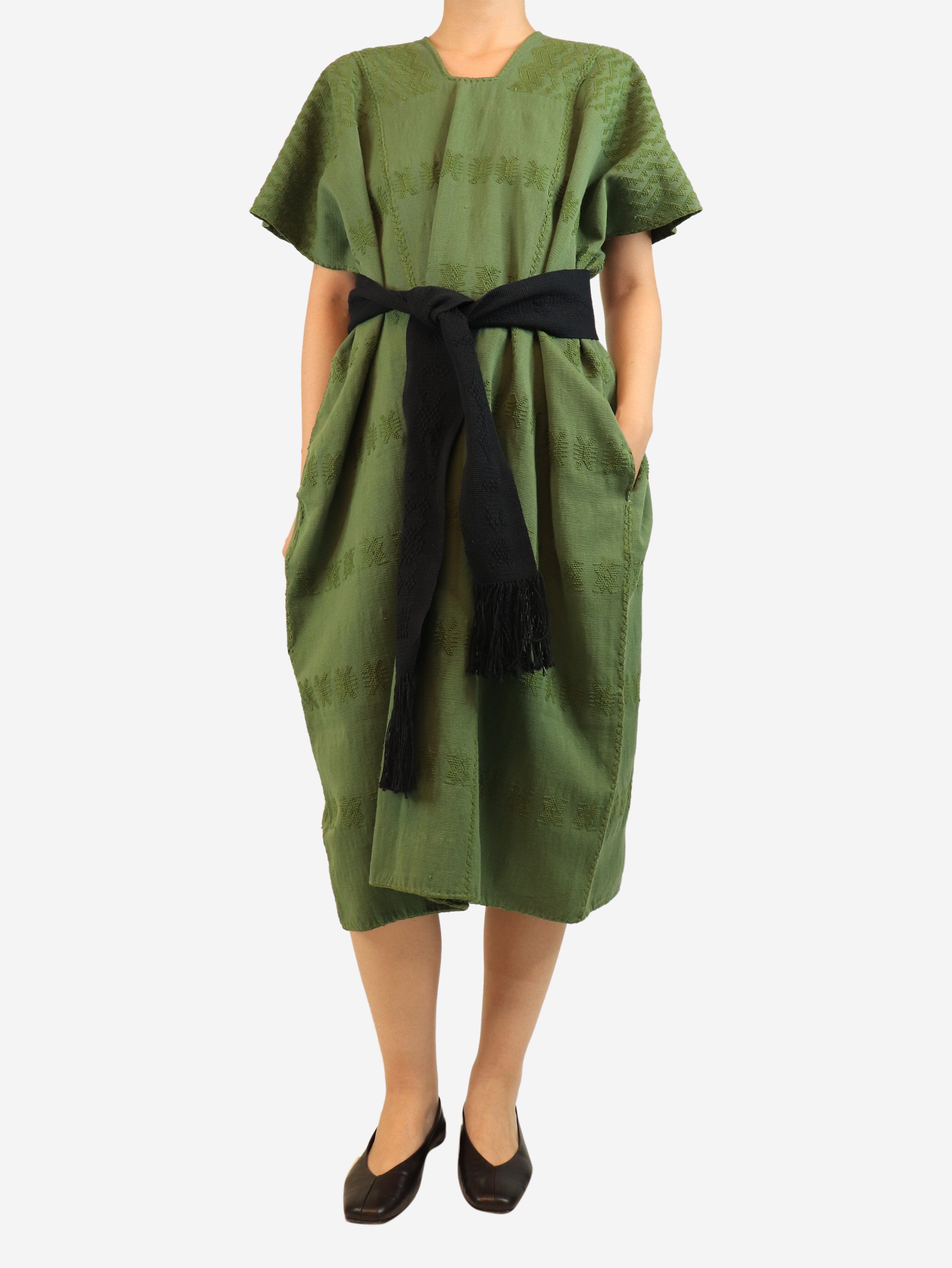 Green embroidered kaftan with belt - One size Dresses Pippa Holt 
