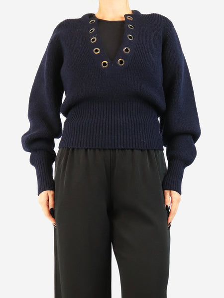 Navy eyelet knit sweater - size UK 10 product image