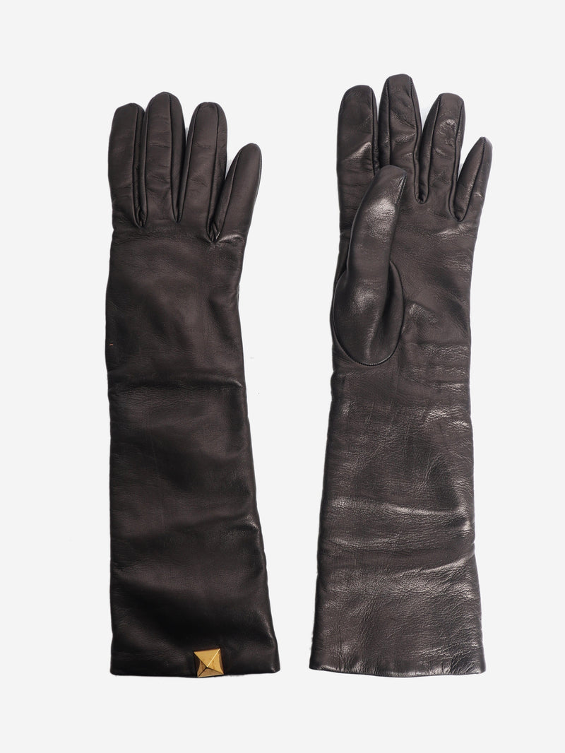 Dark brown Rockstud leather long gloves Gloves Valentino 
