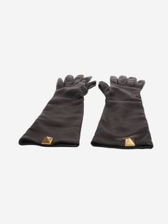 Dark brown Rockstud leather long gloves Gloves Valentino 
