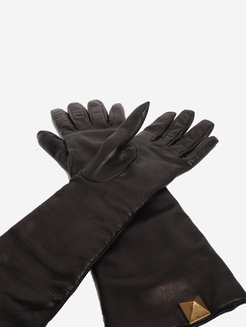 Dark brown Rockstud leather long gloves Gloves Valentino 