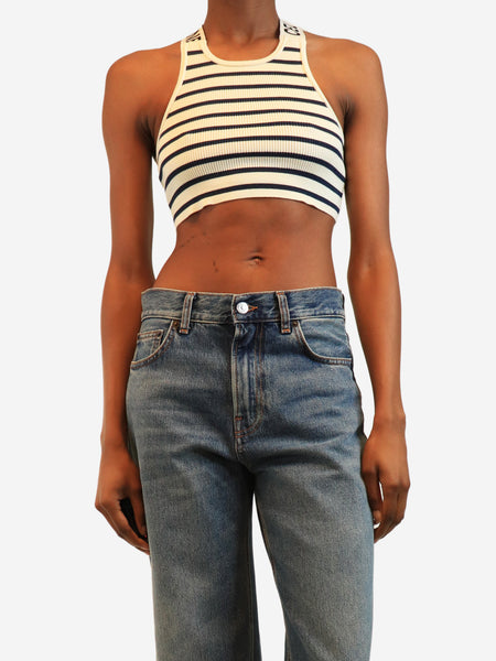 Cream and navy striped athletic-rib crop top - size S product image