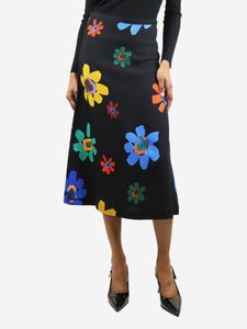 Odeeh Black floral A-line midi skirt - size UK 6