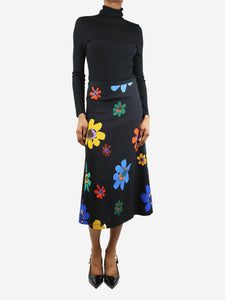 Odeeh Black floral A-line midi skirt - size UK 6