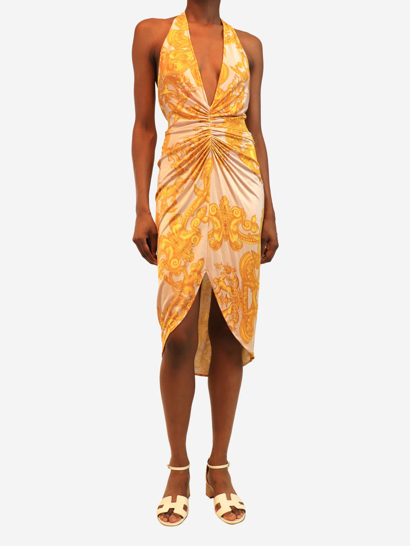 Pink and gold vintage SS05 printed halterneck mini dress - size UK 8 Dresses Versace 