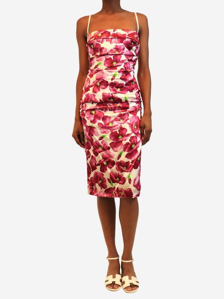 Purple and white silk floral ruched mini dress - size UK 10 product image