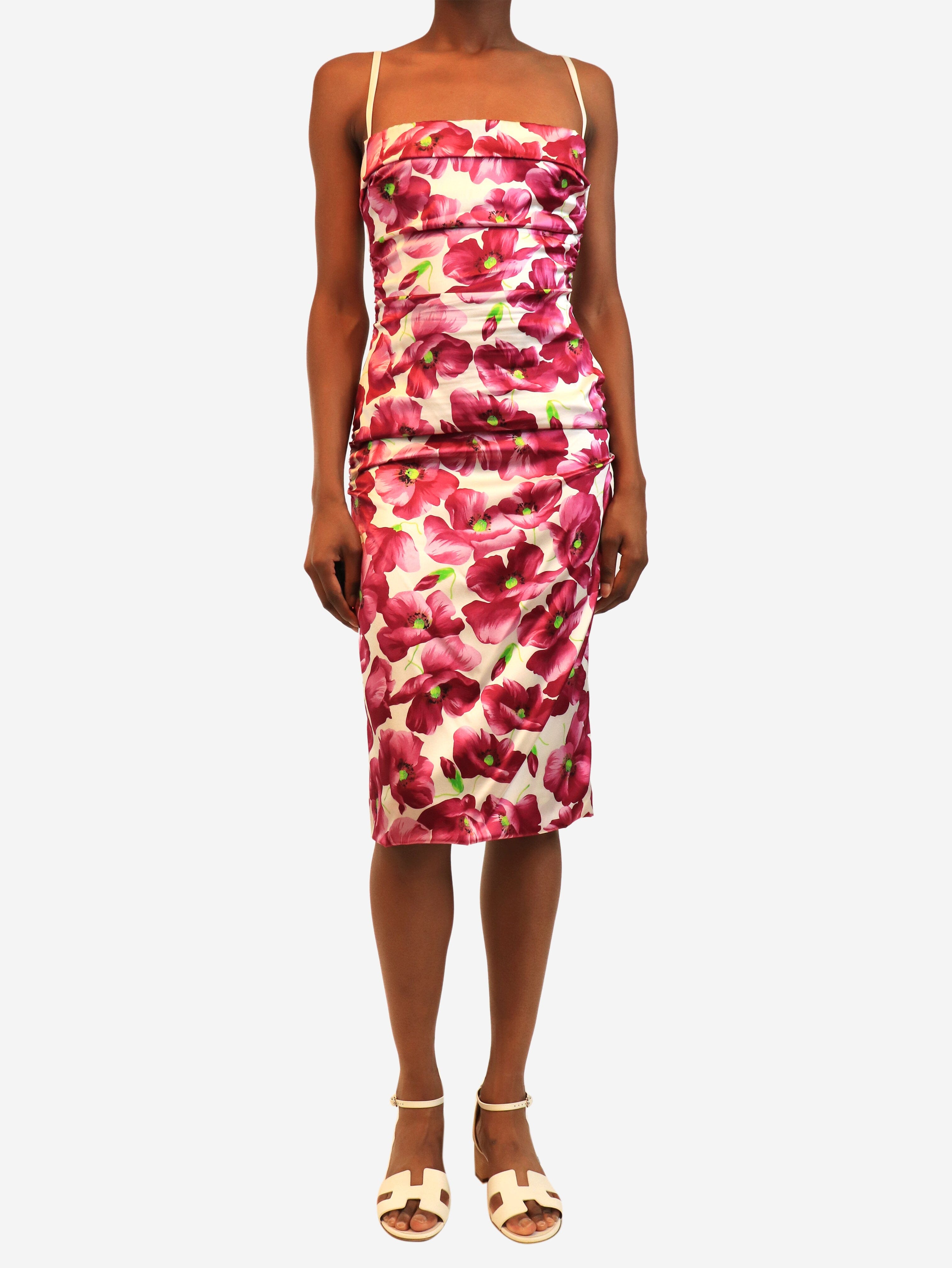 Purple and white silk floral ruched mini dress - size UK 10