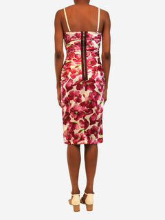 Purple and white silk floral ruched mini dress - size UK 10