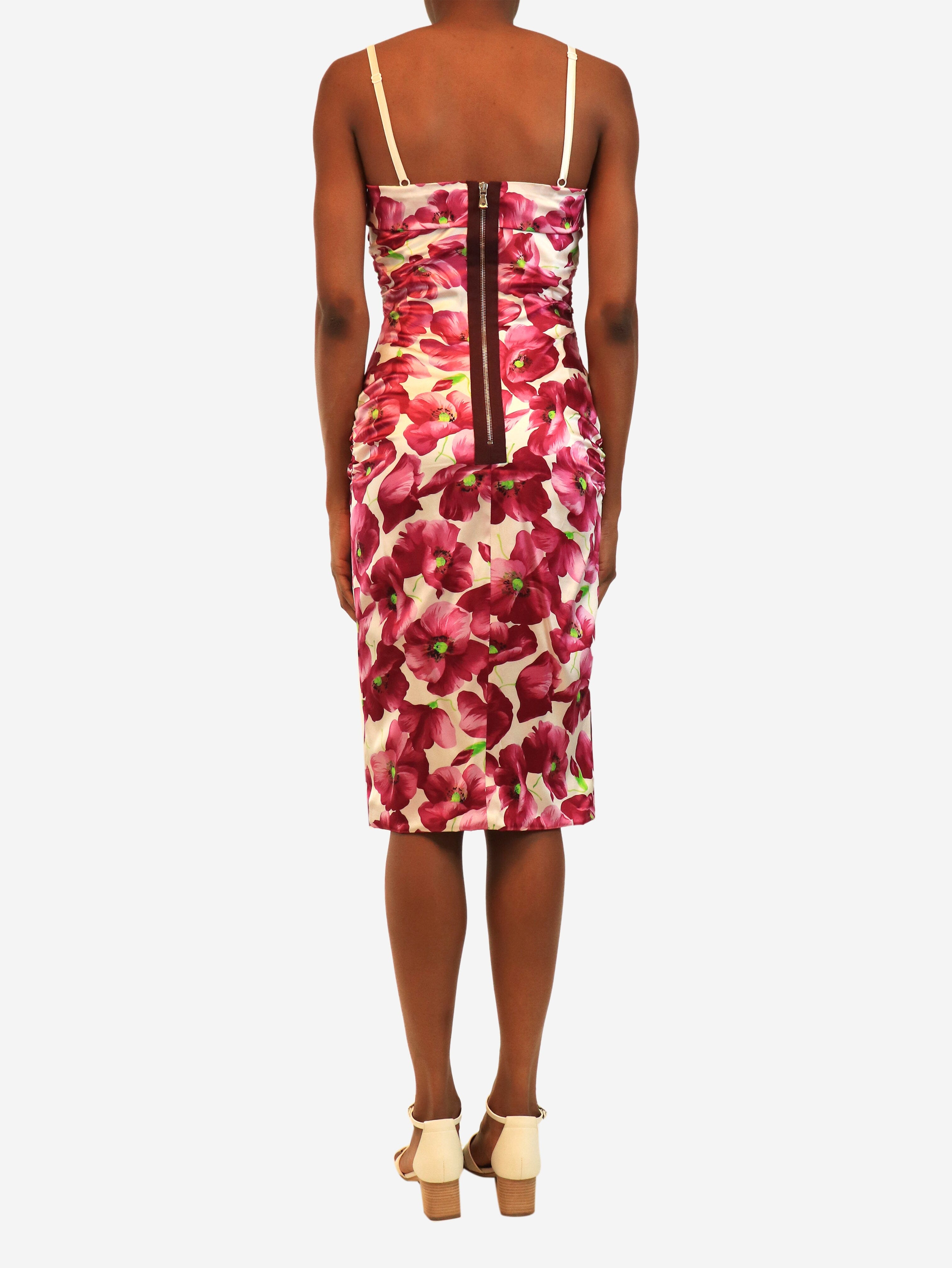 Purple and white silk floral ruched mini dress - size UK 10