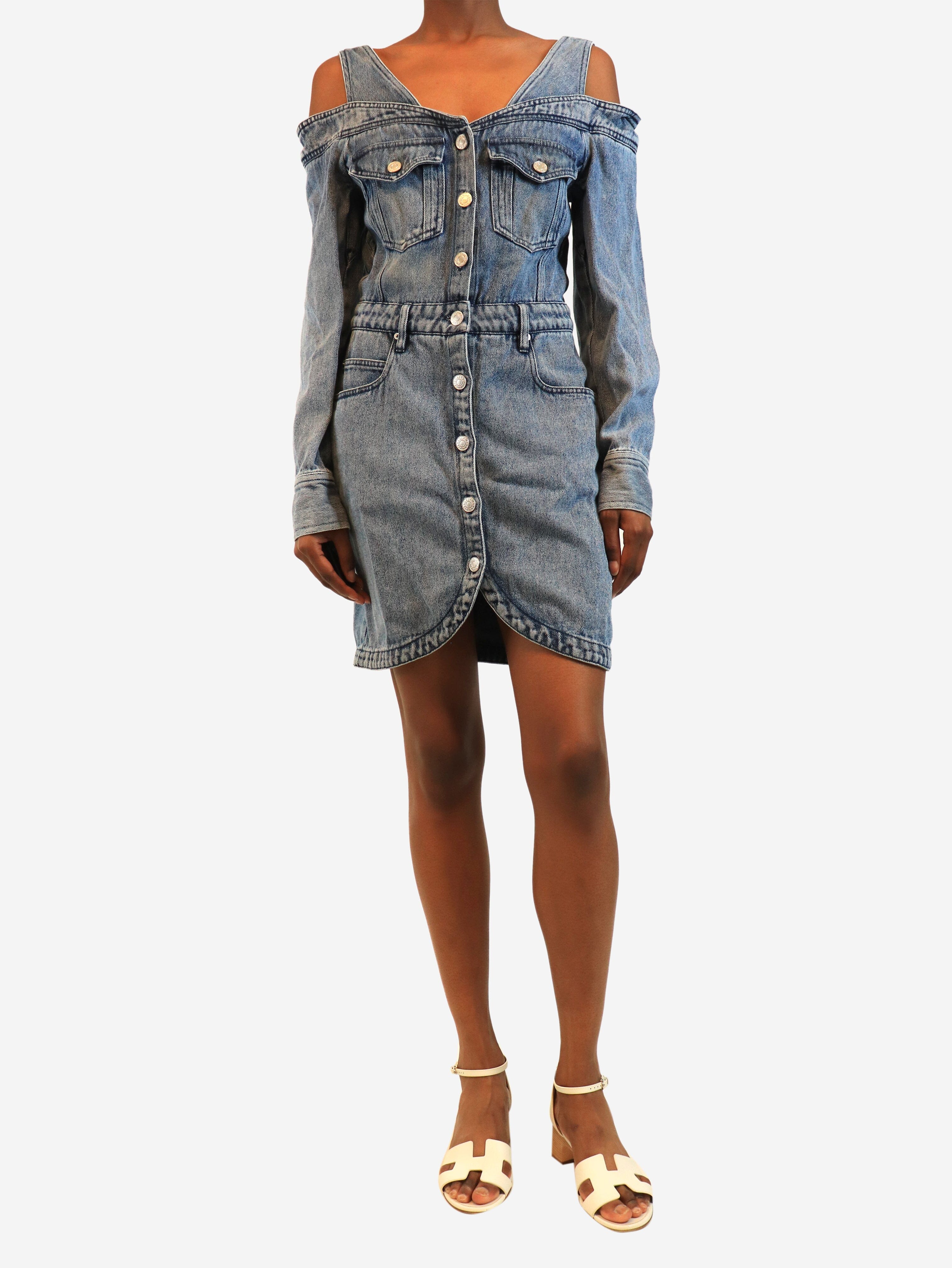 Blue denim cold shoulder mini dress - size UK 10