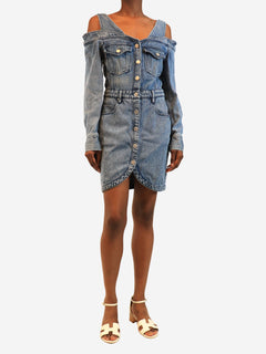 Blue denim cold shoulder mini dress - size UK 10