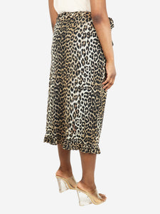 Ganni Leopard-print ruffled stretch-mesh midi wrap skirt - size UK 16