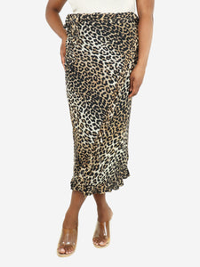 Ganni Leopard-print ruffled stretch-mesh midi wrap skirt - size UK 16