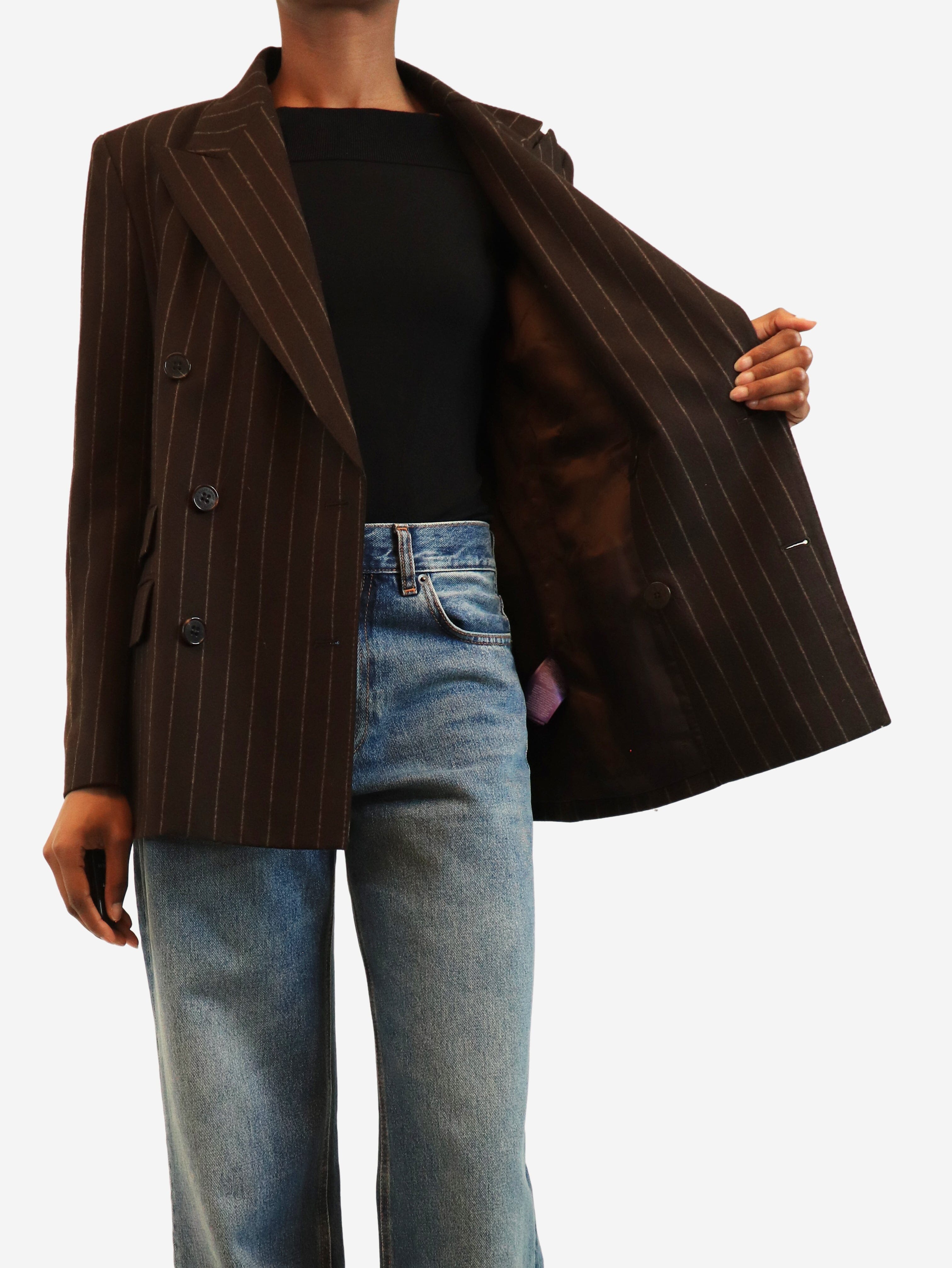 Brown striped double-breasted blazer - size UK 6