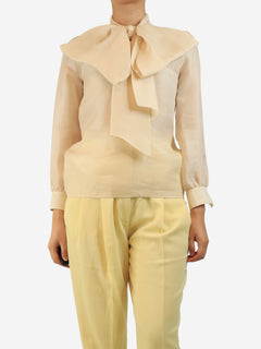 Cream silk organza bow-front top - size UK 8