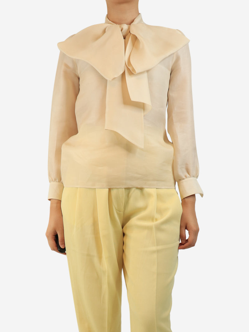 Cream silk organza bow-front top - size UK 8