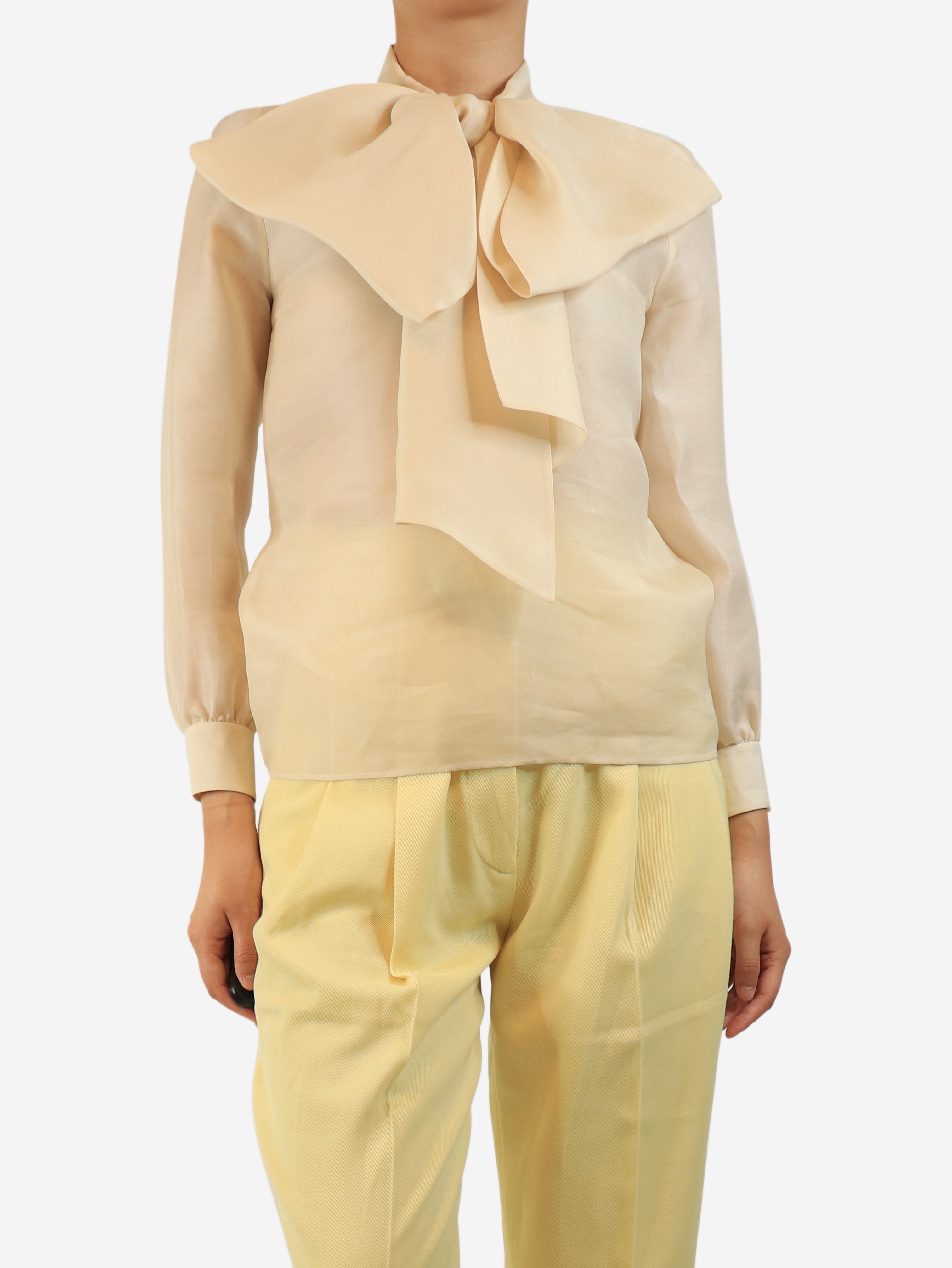 Cream silk organza bow-front top - size UK 8