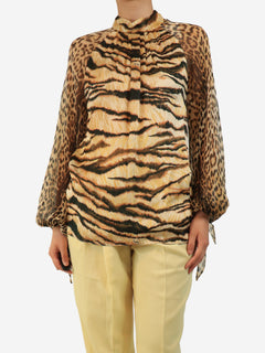 Brown silk leopard and tiger print blouse - size UK 6 Tops Roberto Cavalli 
