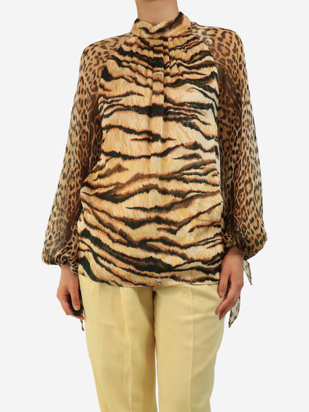 Brown silk leopard and tiger print blouse - size UK 6 product image