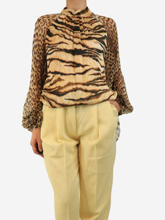 Brown silk leopard and tiger print blouse - size UK 6