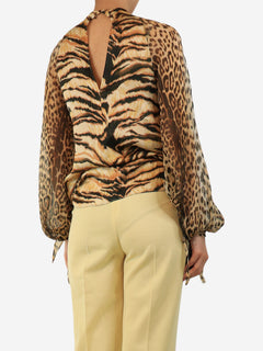 Brown silk leopard and tiger print blouse - size UK 6