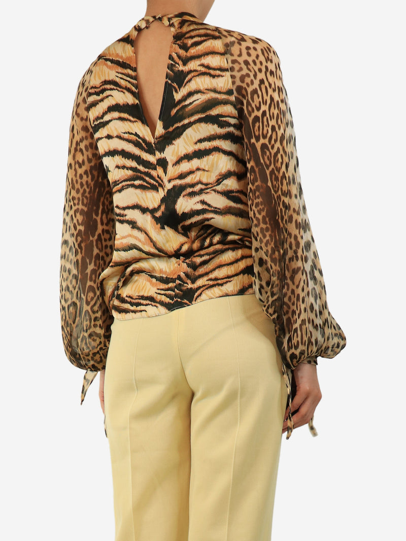 Brown silk leopard and tiger print blouse - size UK 6